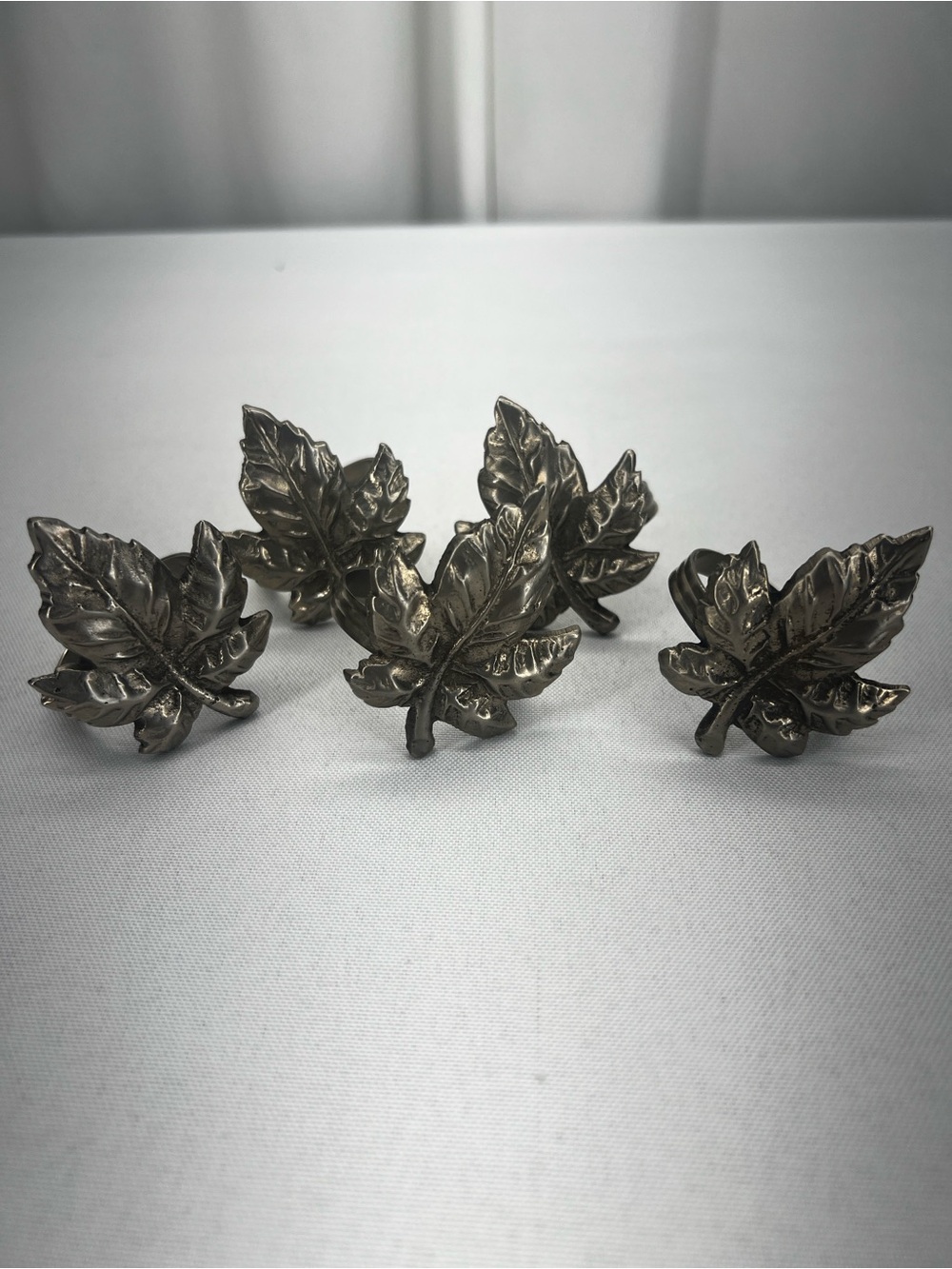 Decorative Metal Maple Leaf Napkin Rings Antique Silver Tone Autumn Holiday